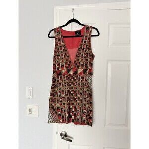 Revolve X-by NBD Beaded Sequin Mini Dress Women M Red Gold Plunging V-Neck Glam